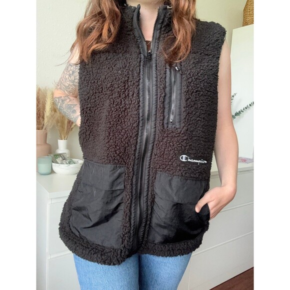 Champion | Black‎ Sherpa Zip-Up Vest | Cozy Fleece Layer | Size Large - Picture 4 of 9